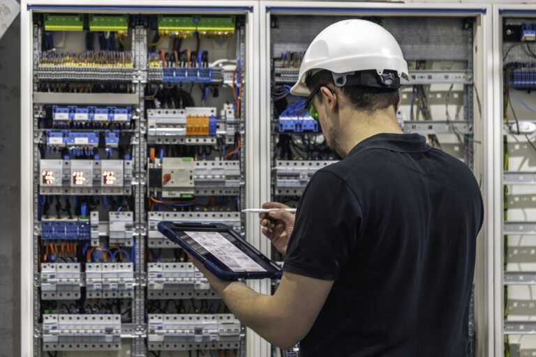 man-electrical-working-switchboard-with-fuses-uses-tablet